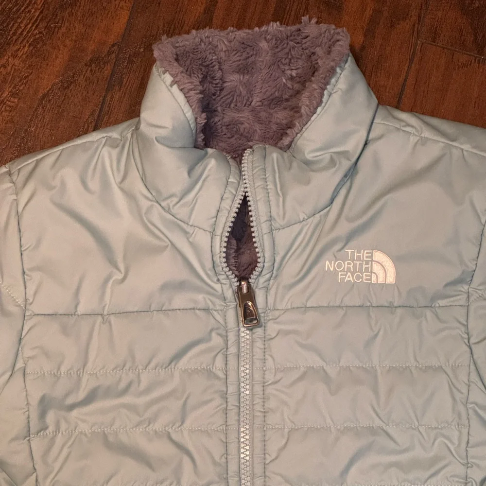 The North Face Reversible Fleece Puffer Jacket Girls Small 7 8 Blue‎ Gray